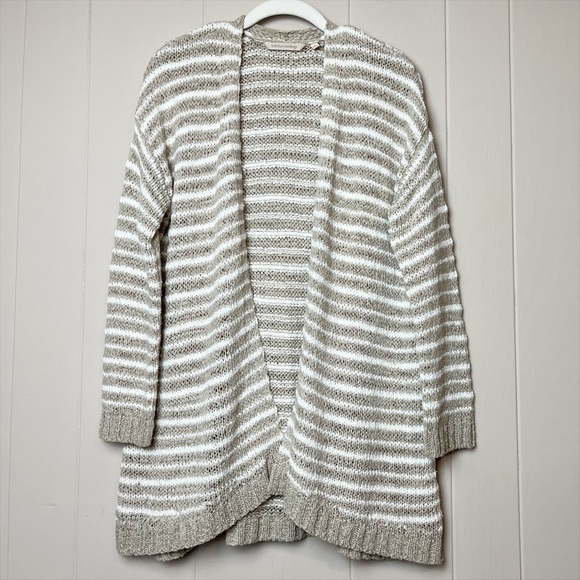 Soft Surroundings neutral stripe cardigan sweater petite small tan white open - Picture 2 of 10